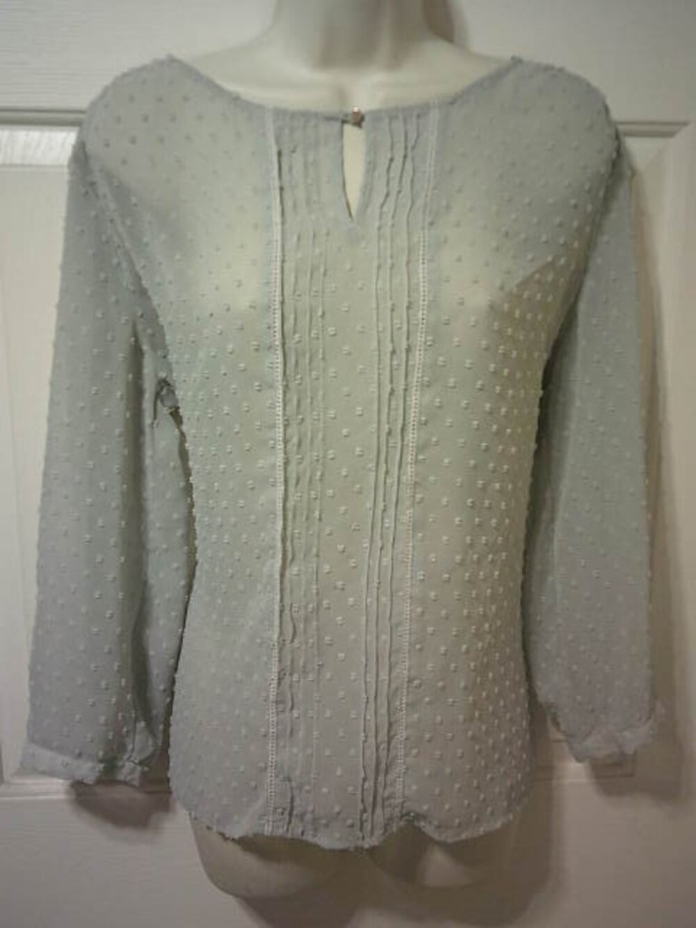 CUTE GRAY NEW YORK & COMPANY SHEER BLOUSE TOP w/ SWISS DOT TEXTURE SIZE LG NICE